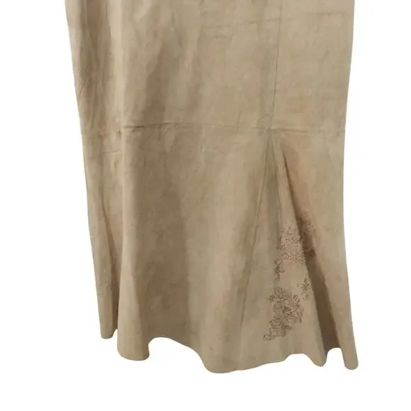 OLSEN EUROPE! FAWN BEIGE/TAN GENUINE SUEDE LEATHER GORED FULL A-LINE SKIRT!SZ 12 - Picture 4 of 14
